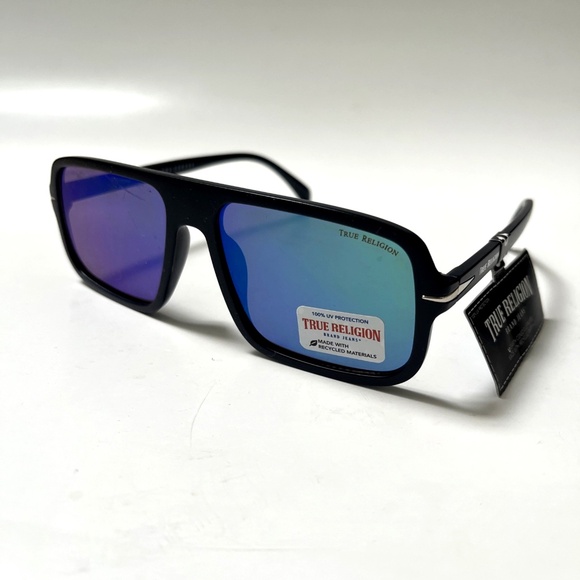 New Original TRUE RELIGION Square Sunglasses Matte Black Acetate Iridescent Lens - Picture 1 of 6
